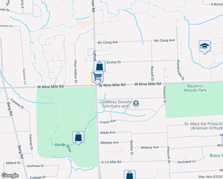 map of restaurants, bars, coffee shops, grocery stores, and more near 21665 West Nine Mile Road in Southfield