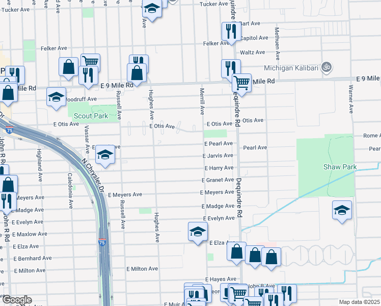map of restaurants, bars, coffee shops, grocery stores, and more near 1569 East Jarvis Avenue in Hazel Park