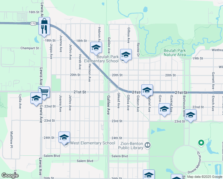 map of restaurants, bars, coffee shops, grocery stores, and more near 2033 Galilee Avenue in Zion