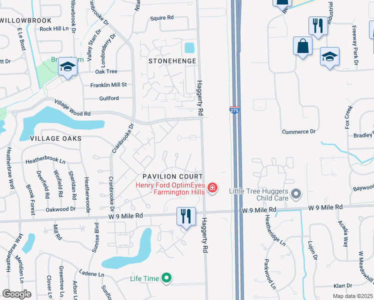 map of restaurants, bars, coffee shops, grocery stores, and more near 22891 Summer House Court in Novi