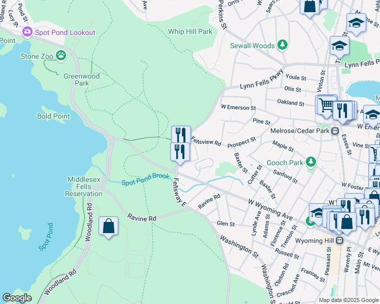 map of restaurants, bars, coffee shops, grocery stores, and more near 300 Fellsview Terrace in Stoneham
