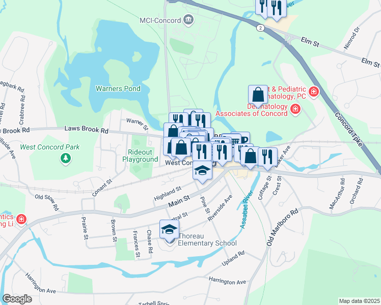 map of restaurants, bars, coffee shops, grocery stores, and more near 106 Commonwealth Avenue in Concord