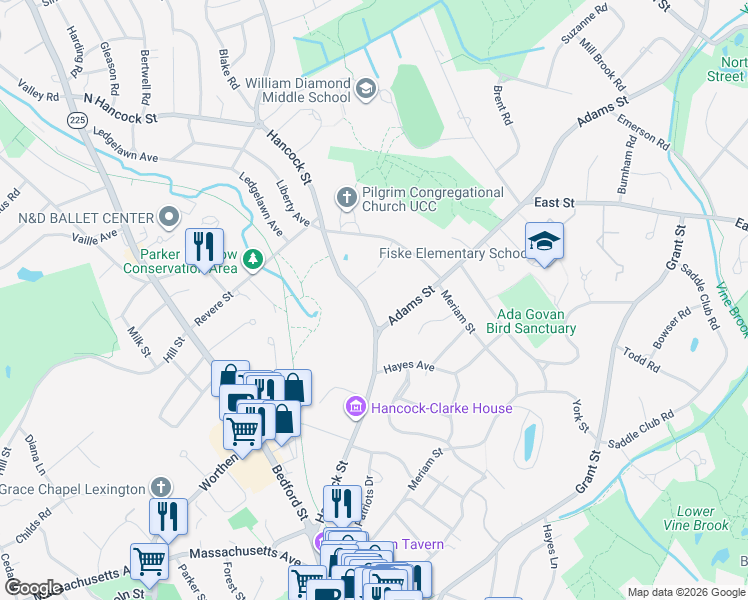 map of restaurants, bars, coffee shops, grocery stores, and more near 59 Hancock Street in Lexington