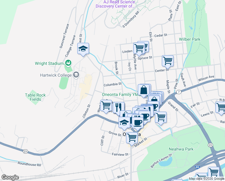 map of restaurants, bars, coffee shops, grocery stores, and more near 19 Birch Street in Oneonta