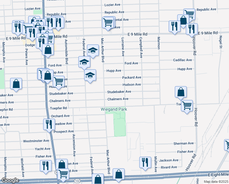 map of restaurants, bars, coffee shops, grocery stores, and more near 8638 Studebaker Avenue in Warren