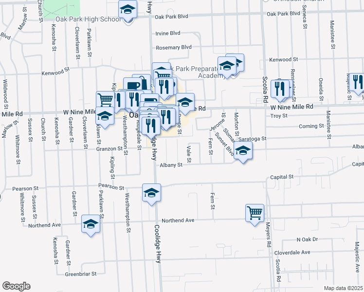 map of restaurants, bars, coffee shops, grocery stores, and more near 22010 Dante Street in Oak Park