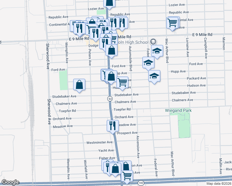 map of restaurants, bars, coffee shops, grocery stores, and more near 8067 Studebaker Avenue in Warren