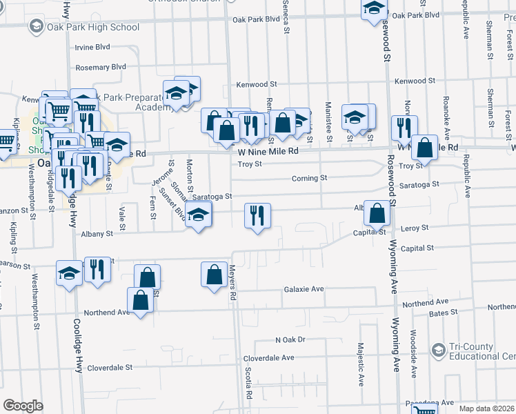 map of restaurants, bars, coffee shops, grocery stores, and more near 10750 Albany Street in Oak Park