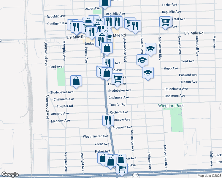 map of restaurants, bars, coffee shops, grocery stores, and more near 8033 Studebaker Avenue in Warren