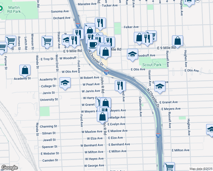map of restaurants, bars, coffee shops, grocery stores, and more near 28 East Pearl Avenue in Hazel Park