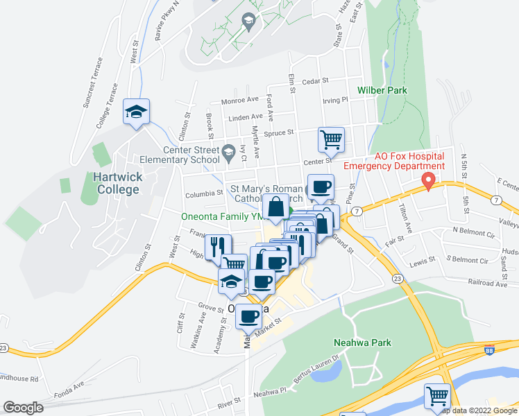 map of restaurants, bars, coffee shops, grocery stores, and more near 58 Dietz St in Oneonta