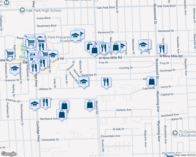 map of restaurants, bars, coffee shops, grocery stores, and more near 10850 Albany Street in Oak Park