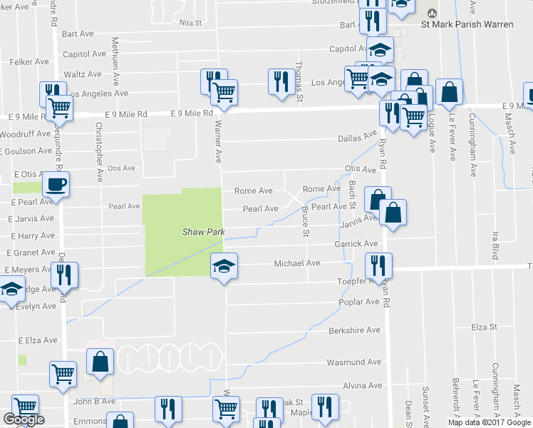 map of restaurants, bars, coffee shops, grocery stores, and more near 3312 Pearl Avenue in Warren