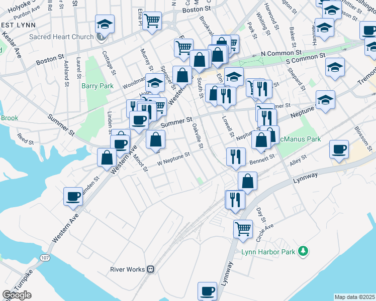 map of restaurants, bars, coffee shops, grocery stores, and more near 54 Orchard Street in Lynn