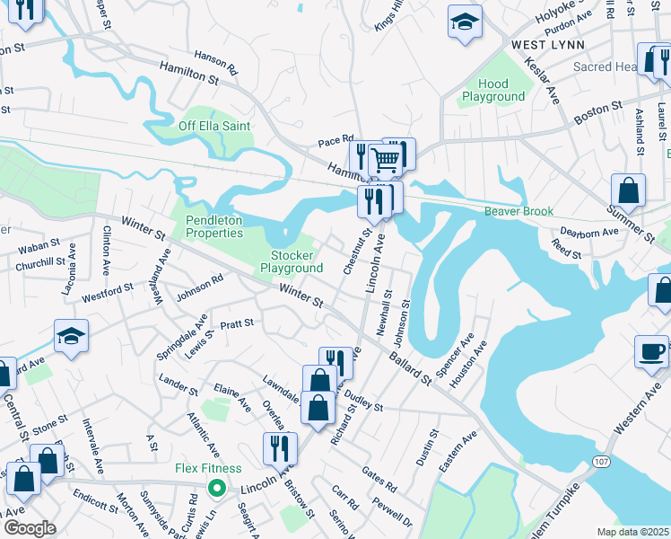 map of restaurants, bars, coffee shops, grocery stores, and more near 73 Chestnut Street in Saugus