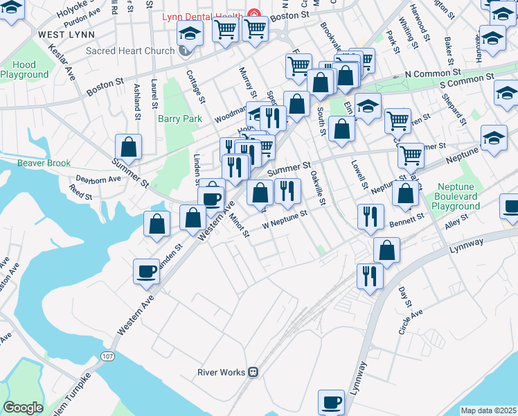 map of restaurants, bars, coffee shops, grocery stores, and more near 21 Light Street in Lynn