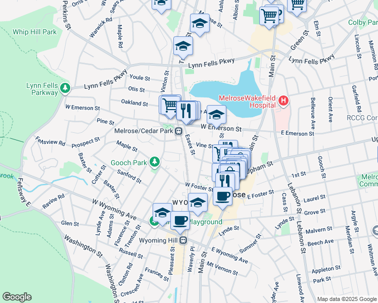 map of restaurants, bars, coffee shops, grocery stores, and more near 164 Essex Street in Melrose