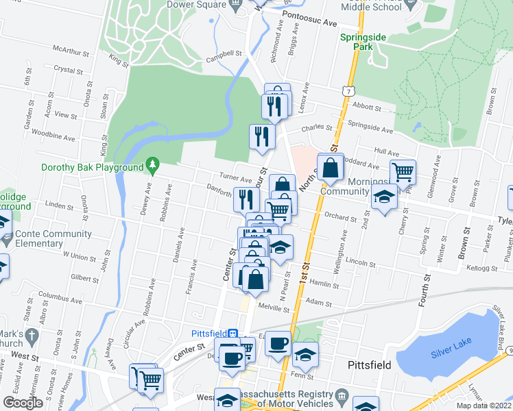 map of restaurants, bars, coffee shops, grocery stores, and more near 56 Seymour Street in Pittsfield