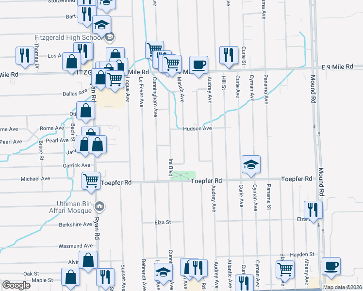 map of restaurants, bars, coffee shops, grocery stores, and more near 22101 Masch Avenue in Warren