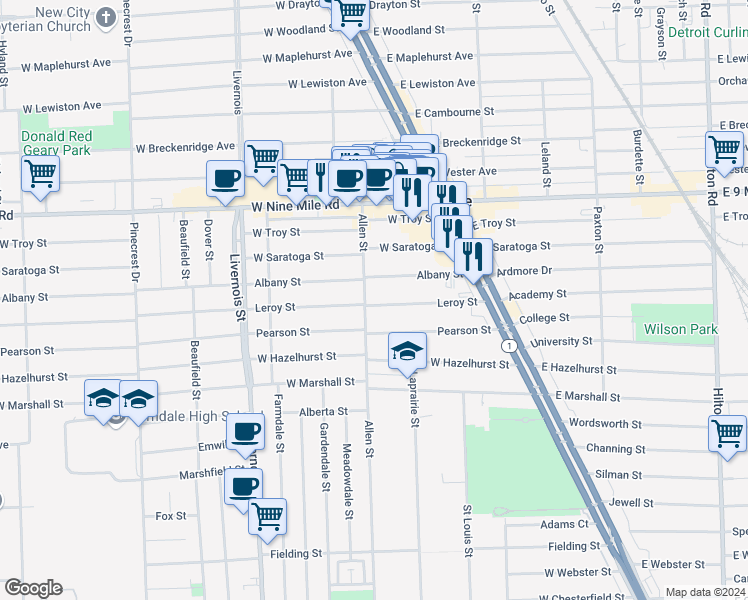 map of restaurants, bars, coffee shops, grocery stores, and more near 374 Leroy Street in Ferndale