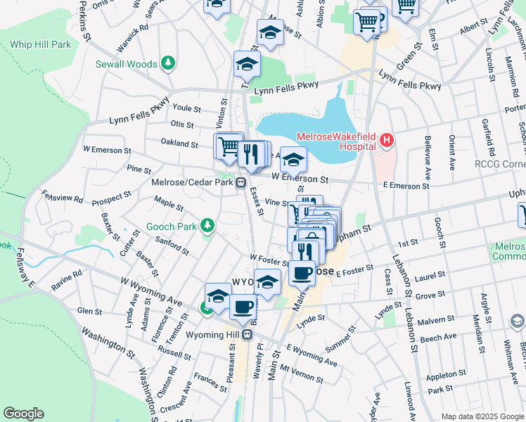 map of restaurants, bars, coffee shops, grocery stores, and more near 147 Essex Street in Melrose