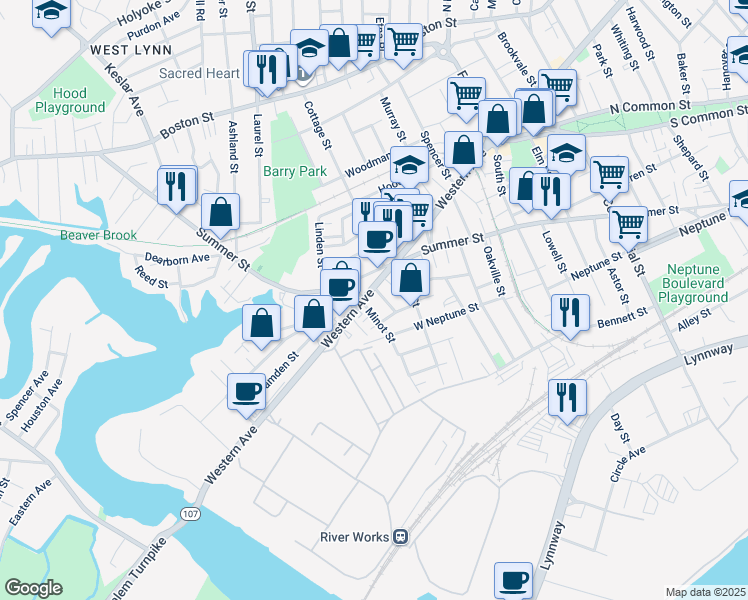 map of restaurants, bars, coffee shops, grocery stores, and more near 870 Western Avenue in Lynn