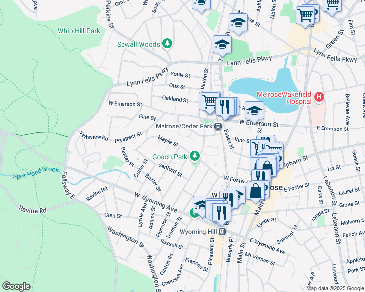 map of restaurants, bars, coffee shops, grocery stores, and more near 41 Maple Street in Melrose