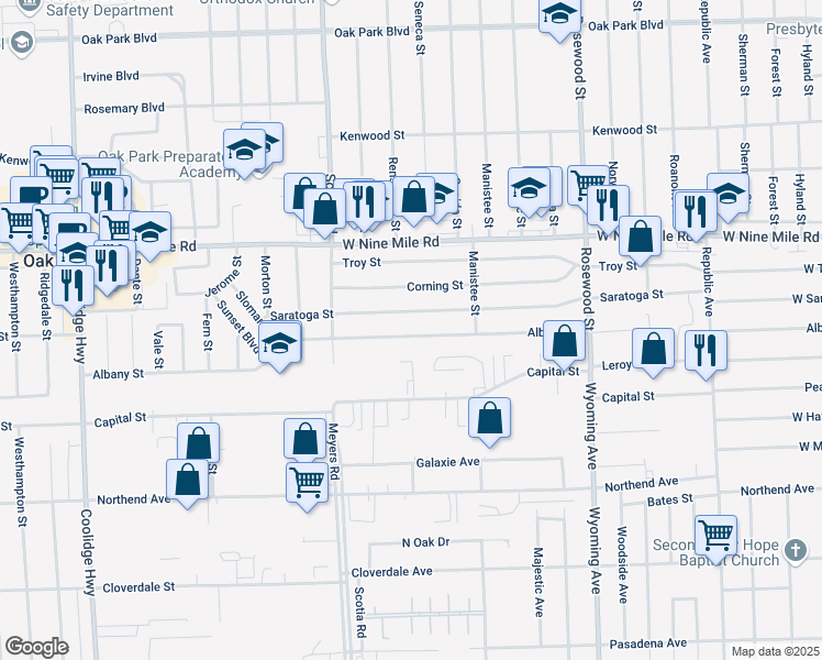map of restaurants, bars, coffee shops, grocery stores, and more near 10630 Albany Street in Oak Park