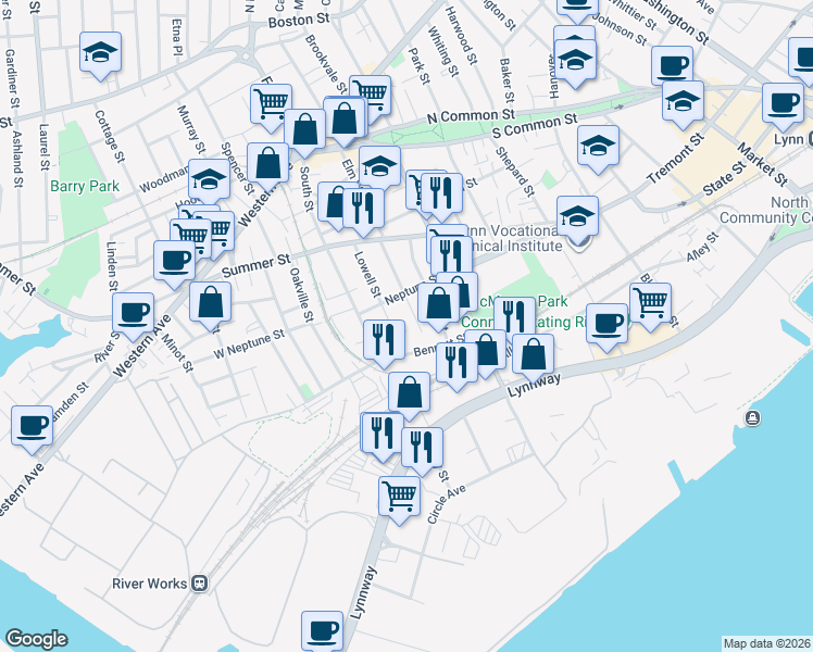 map of restaurants, bars, coffee shops, grocery stores, and more near 12 Lowell Street Court in Lynn
