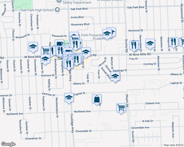 map of restaurants, bars, coffee shops, grocery stores, and more near 22011 Eastwood Street in Oak Park