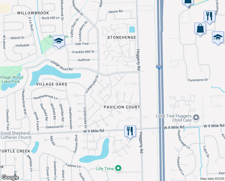map of restaurants, bars, coffee shops, grocery stores, and more near 22915 Woolsey Drive in Novi