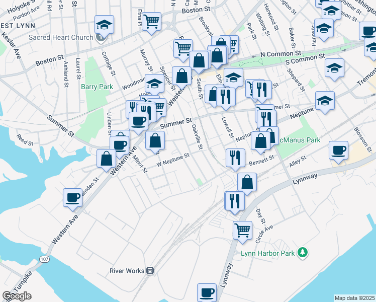 map of restaurants, bars, coffee shops, grocery stores, and more near 54 Orchard Street in Lynn
