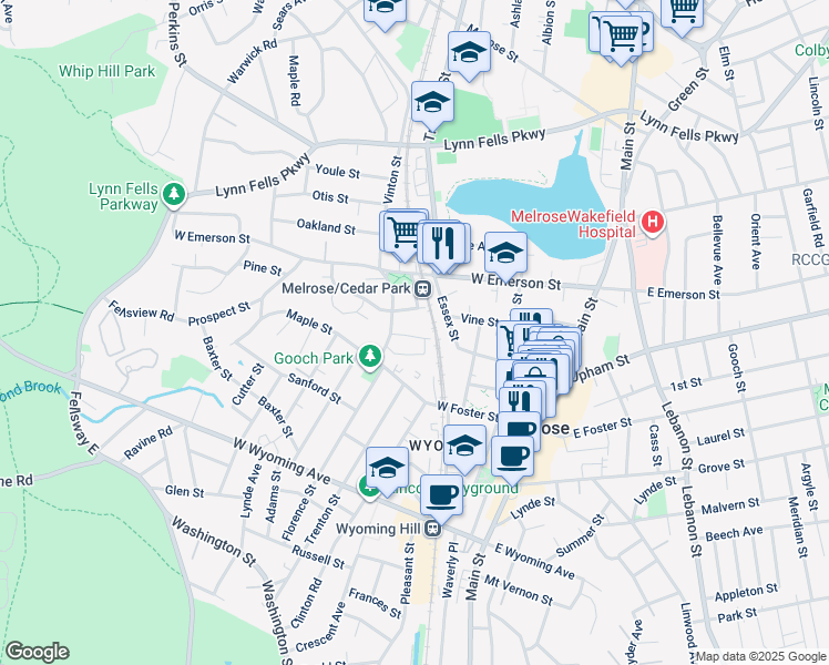 map of restaurants, bars, coffee shops, grocery stores, and more near 22-24 North High Street in Melrose