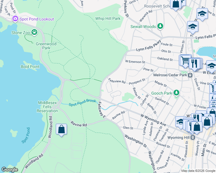 map of restaurants, bars, coffee shops, grocery stores, and more near 300 Fellsview Terrace in Stoneham