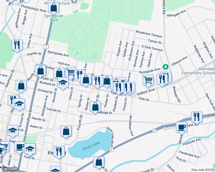 map of restaurants, bars, coffee shops, grocery stores, and more near 81 Parker Street in Pittsfield