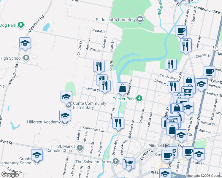 map of restaurants, bars, coffee shops, grocery stores, and more near 12 King Street in Pittsfield