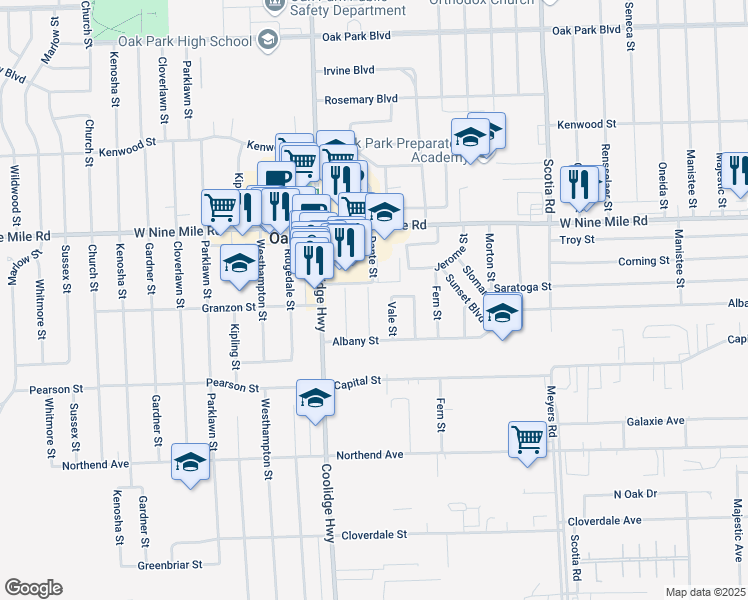 map of restaurants, bars, coffee shops, grocery stores, and more near 22010 Dante Street in Oak Park
