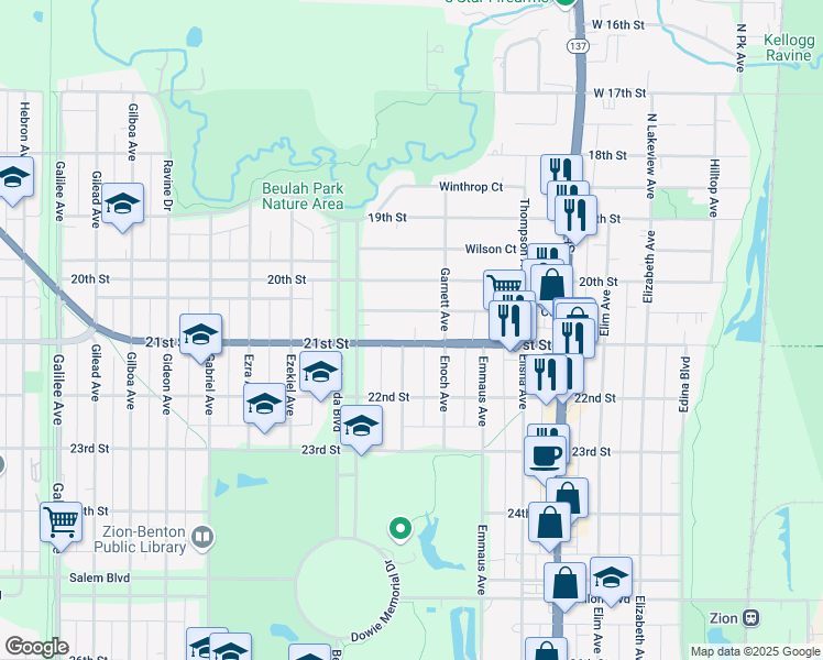 map of restaurants, bars, coffee shops, grocery stores, and more near 1512 21st Street in Zion