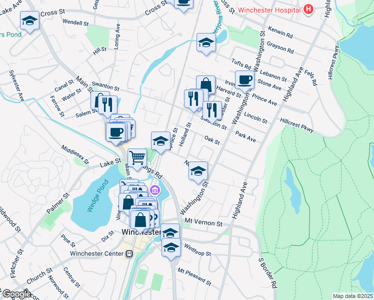 map of restaurants, bars, coffee shops, grocery stores, and more near 62 Nelson Street in Winchester
