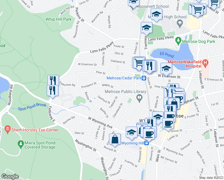 map of restaurants, bars, coffee shops, grocery stores, and more near 10 Martin Street in Melrose