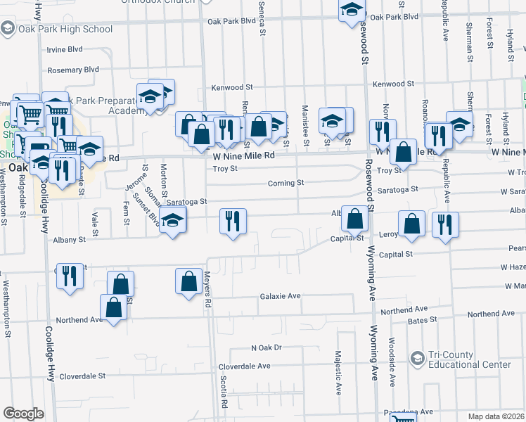 map of restaurants, bars, coffee shops, grocery stores, and more near 10630 Albany Street in Oak Park