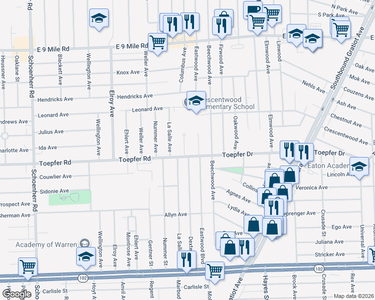 map of restaurants, bars, coffee shops, grocery stores, and more near 21716 Dexter Court in Warren