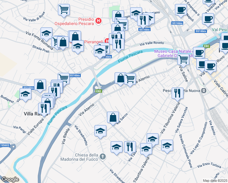 map of restaurants, bars, coffee shops, grocery stores, and more near 260 Via Aterno in Pescara