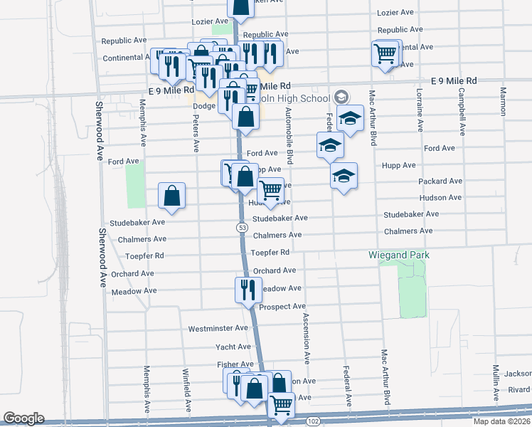 map of restaurants, bars, coffee shops, grocery stores, and more near 8067 Studebaker Avenue in Warren