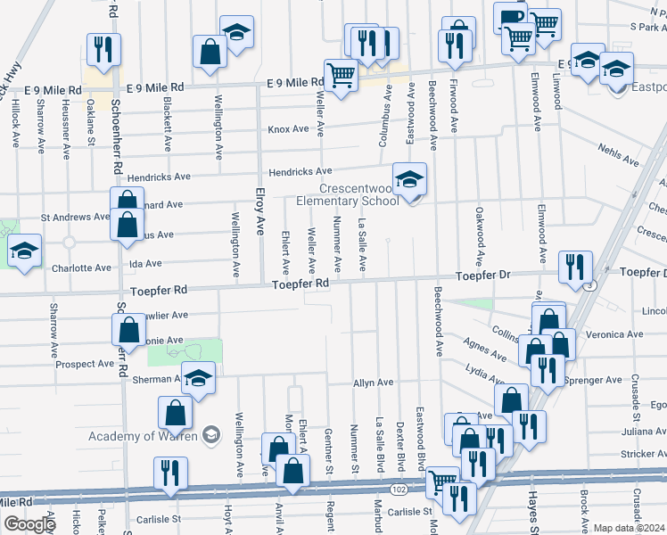 map of restaurants, bars, coffee shops, grocery stores, and more near 21755 Nummer Avenue in Warren
