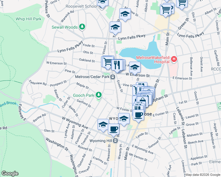map of restaurants, bars, coffee shops, grocery stores, and more near 22-24 North High Street in Melrose