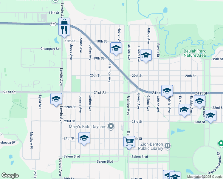 map of restaurants, bars, coffee shops, grocery stores, and more near 2041 Hermon Avenue in Zion