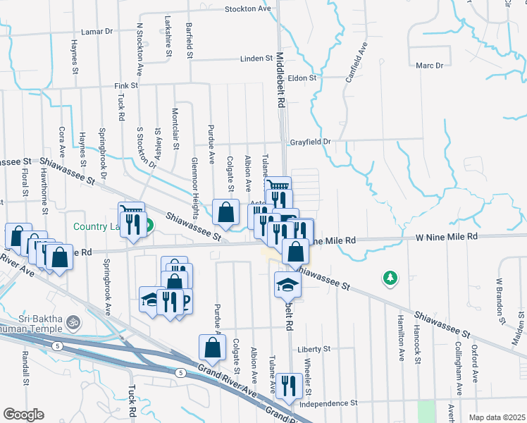 map of restaurants, bars, coffee shops, grocery stores, and more near 22571 Tulane Avenue in Farmington Hills
