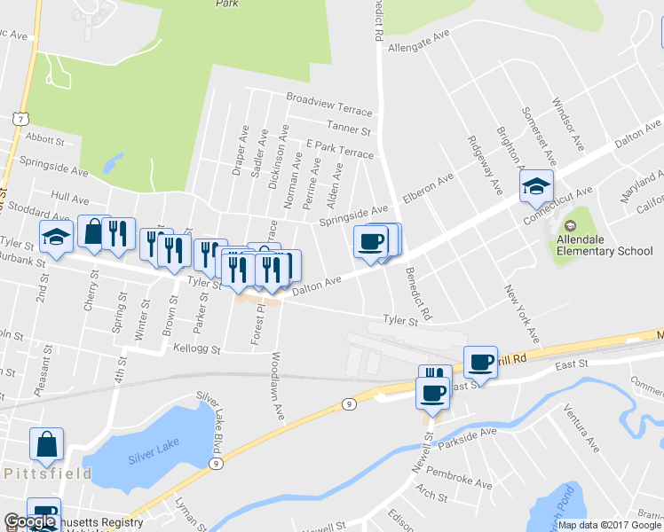 map of restaurants, bars, coffee shops, grocery stores, and more near 14 Westminster Street in Pittsfield