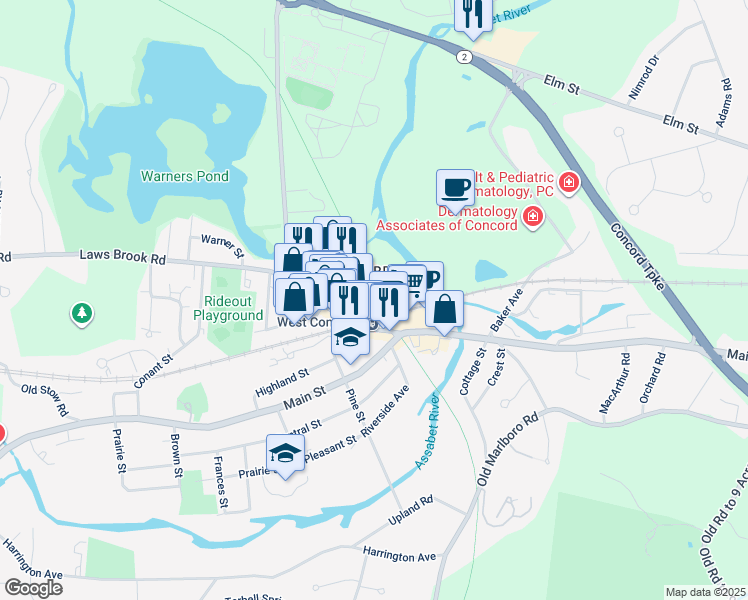 map of restaurants, bars, coffee shops, grocery stores, and more near 66 Commonwealth Avenue in Concord